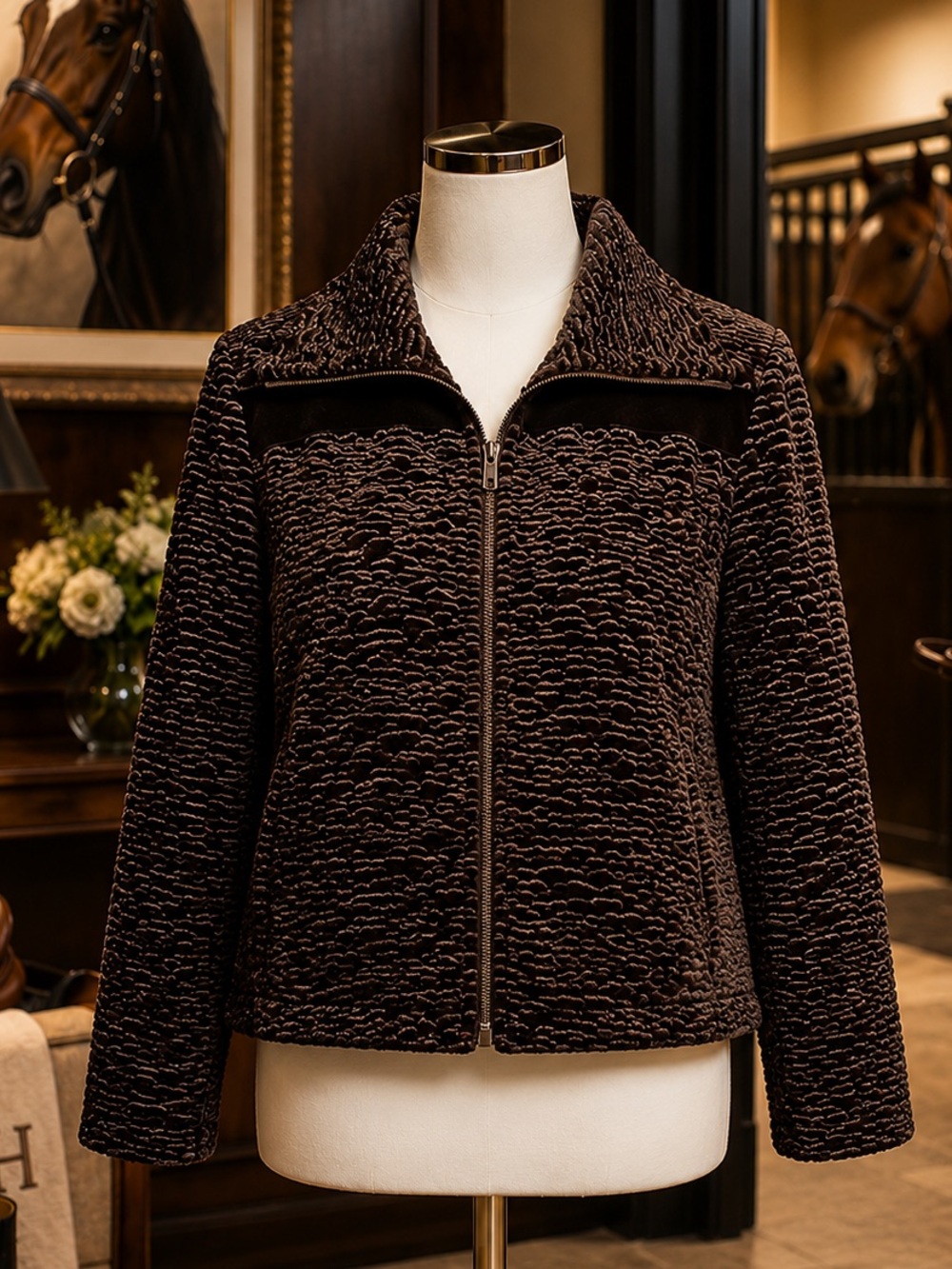 NWOT Dark Brown Faux Persian Fur Jacket. Size SP